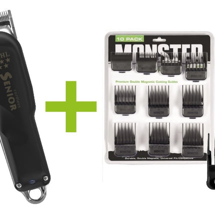Wahl Senior Cordless + Monster Clippers Premium Dubbel Magnetische Opzetkammen Zwart