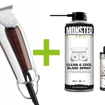 Wahl Detailer Trimmer T-Wide 38mm + Monster Clippers Clean & Cool Blade Spray & Olie