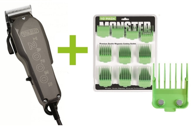 Wahl Taper 2000 + Monster Clippers Premium Dubbel Magnetische Opzetkammen Groen